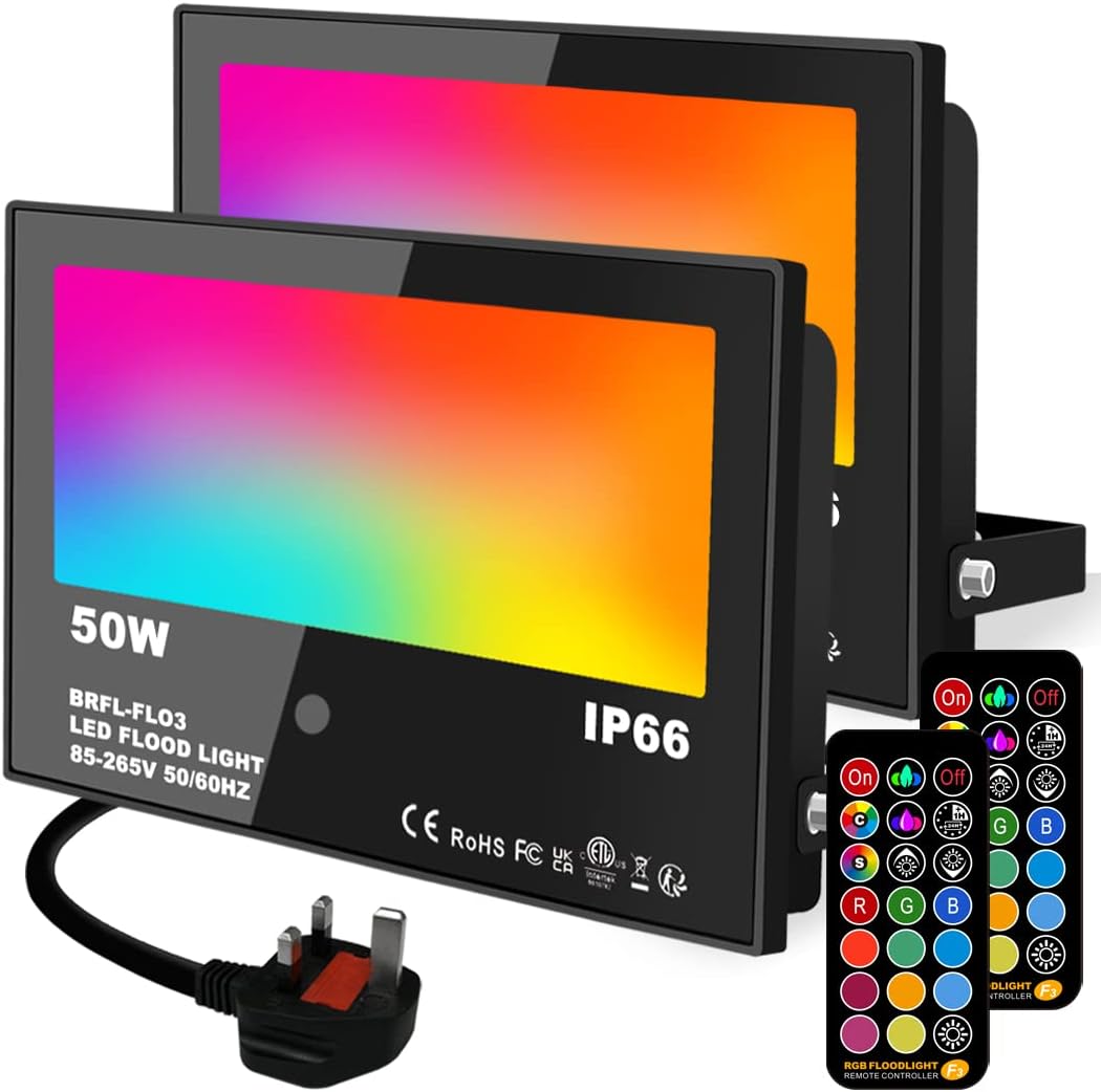 LED Floodlight Outdoor 50W, RGB Colour Changing Flood Lights with Remote Control，Timed, DIY Mode, Garden Lighting，IP66，UK 3-Plug (2 Pack)