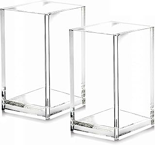 2 Pack Clear Acrylic Pencil Pen Holder Cup,Desk Accessories Holder,Makeup Brush Storage Organizer,Modern Design Desktop Stationery Organizer for Office School Home Supplies,2.6x 2.6x 4 inches