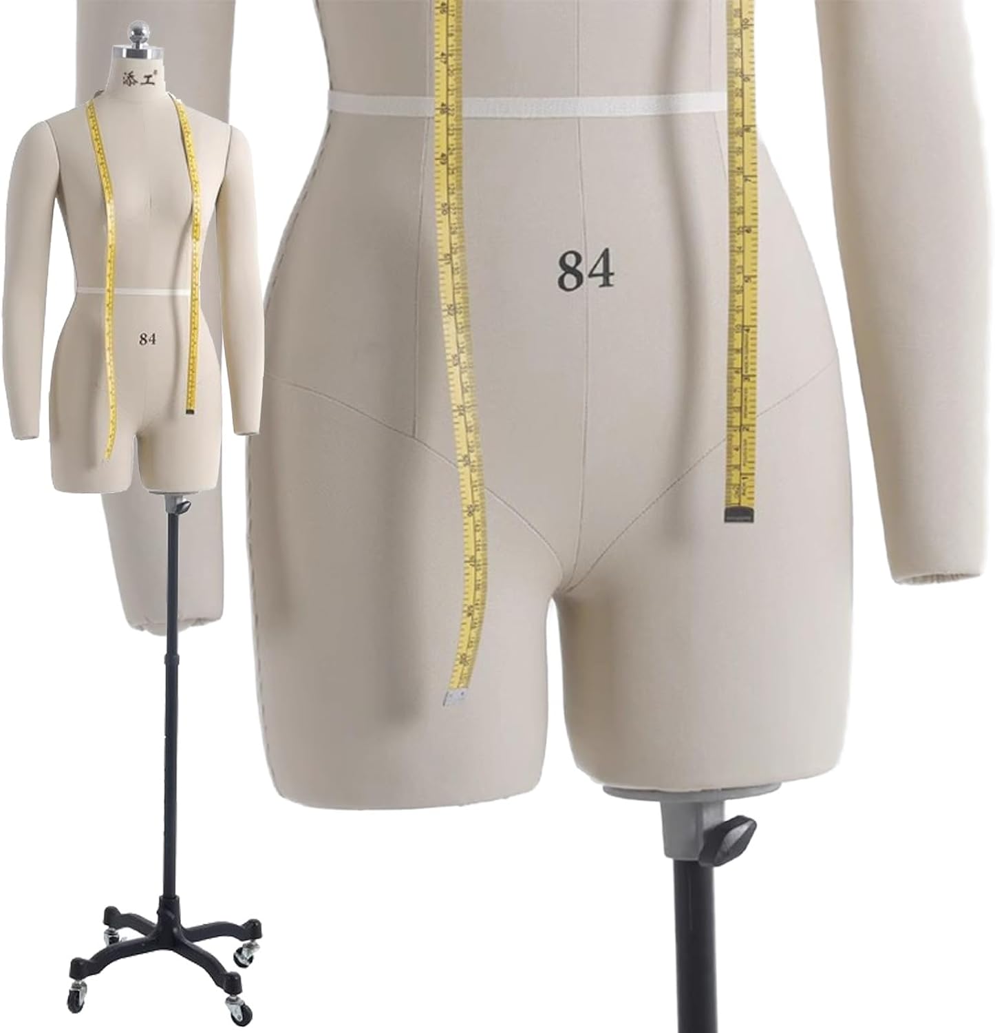 Female Mannequin Torso Dress Forms for Sewing, Pinnable Body Form with 2 Soft Arms, Tailor Dressmaker Dummy Mannequin on Wheels, Adult Full Size (Color : White, Size : M)