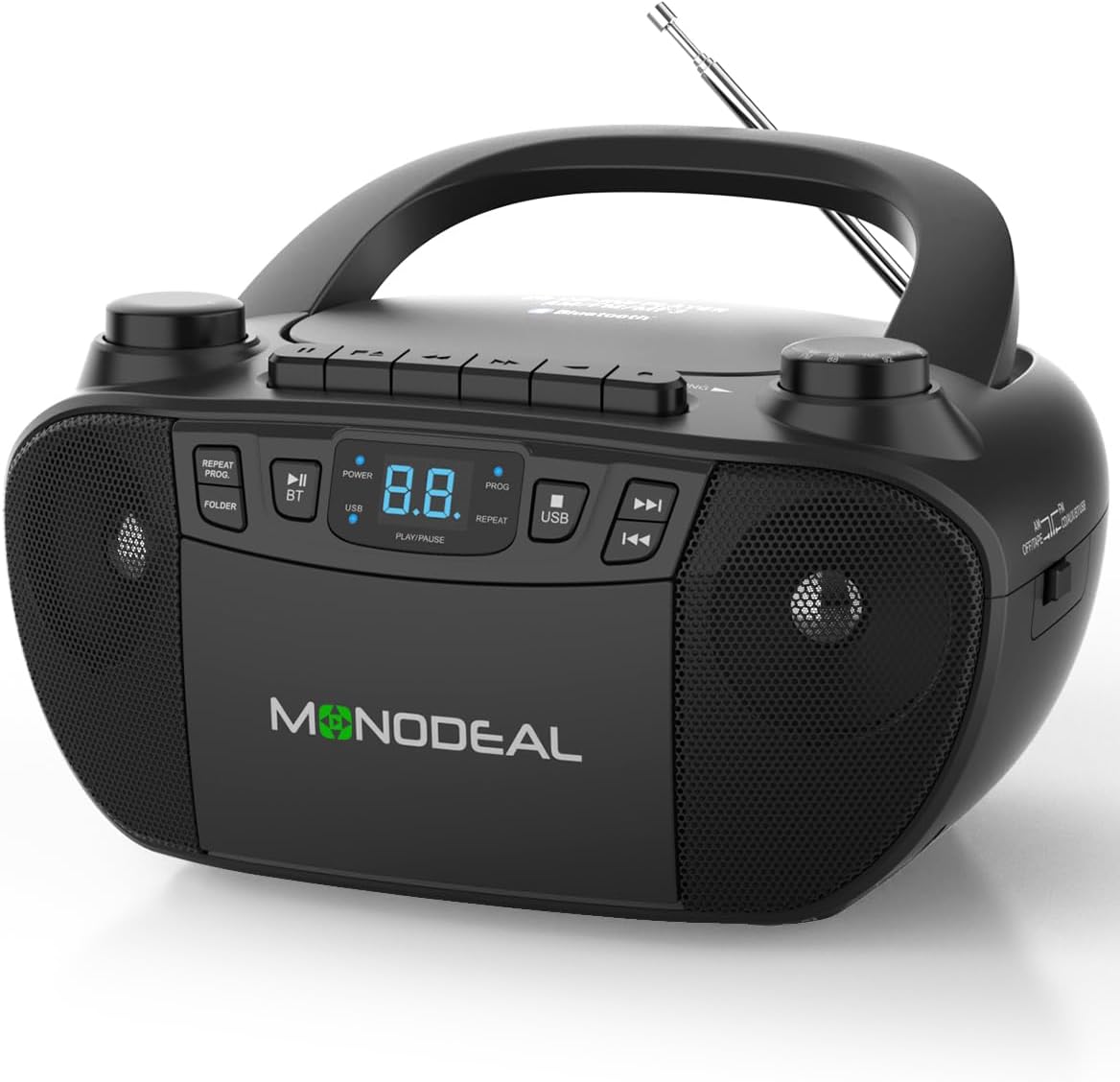 MONODEAL Boombox CD and Cassette Player Combo,Boom Box CD Player AM FM Radio,Multi-Functional Portable Cassette Tape Player with Bluetooth,Tape Recording,USB/AUX,AC/DC Power,Headphone Jack for Gift