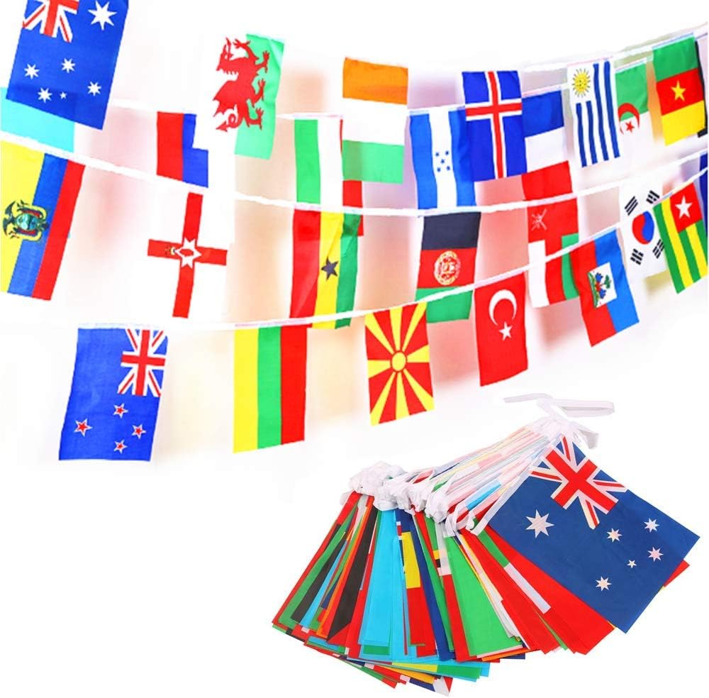 JZK 164ft 50 meters, 200 international country flags bunting world flag banner hanging pennant decorations for World Cup, Olympic Games party