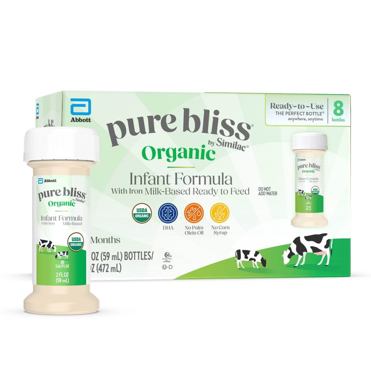 Pure Bliss by Similac Organic Infant Formula, Easy to Digest, USDA Certified Organic, Ready to Feed, 2-fl-oz Bottle, Pack of 8