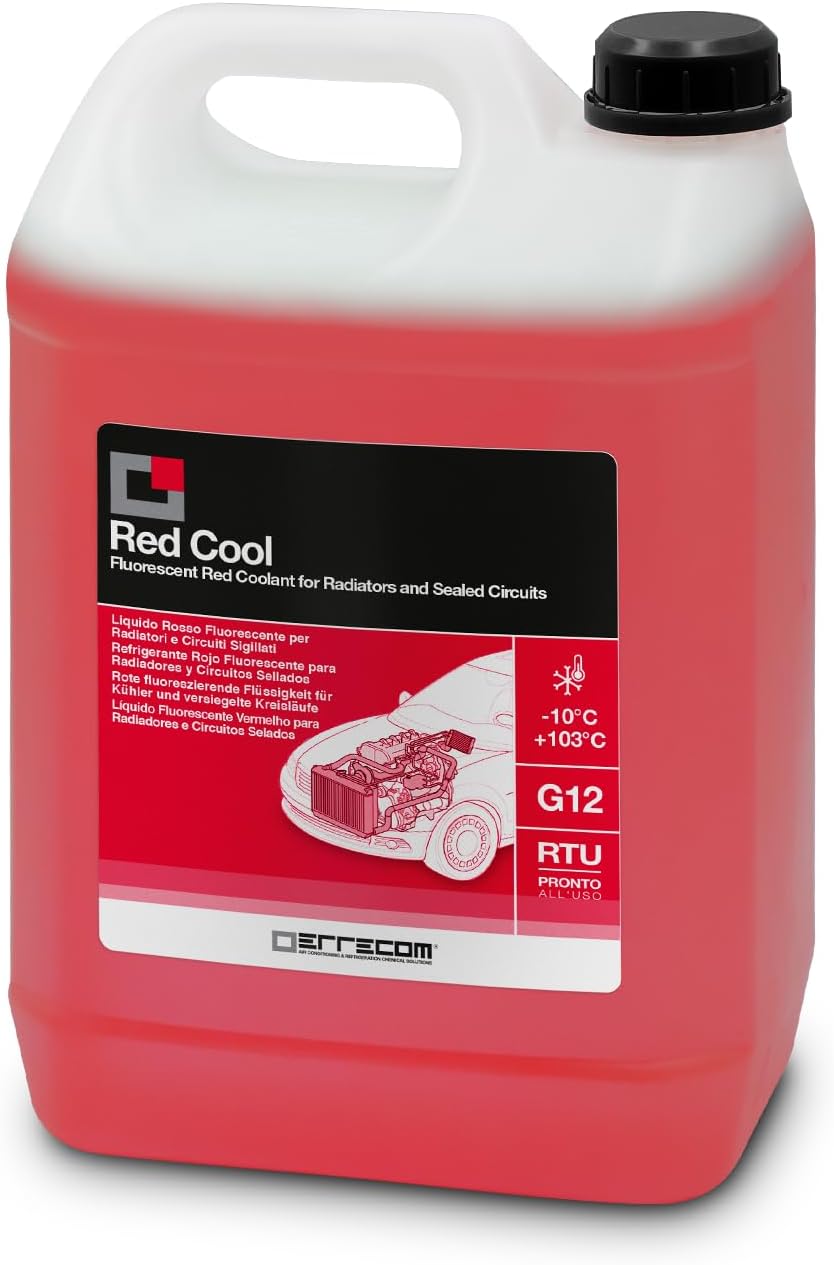 ERRECOM Red Cool, Red Coolant and Antifreeze -10°C/+103°C, Fluorescent Formulation with organic-based OAT inhibitor package, G12, Ready to Use, 5 Litre