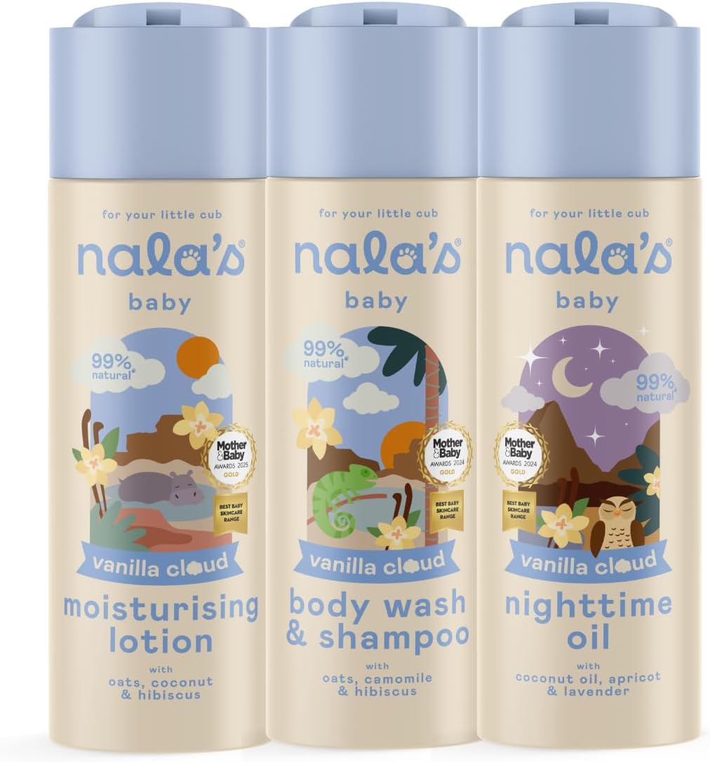 Nala's Baby Vanilla Cloud Mixed Bundle | Body Wash & Shampoo, Body Lotion, Nighttime Oil | Allergen-Free Sweet Vanilla Fragrance | Dermatologically-Tested | Award-Winning | Nalas Baby (3x200ml)