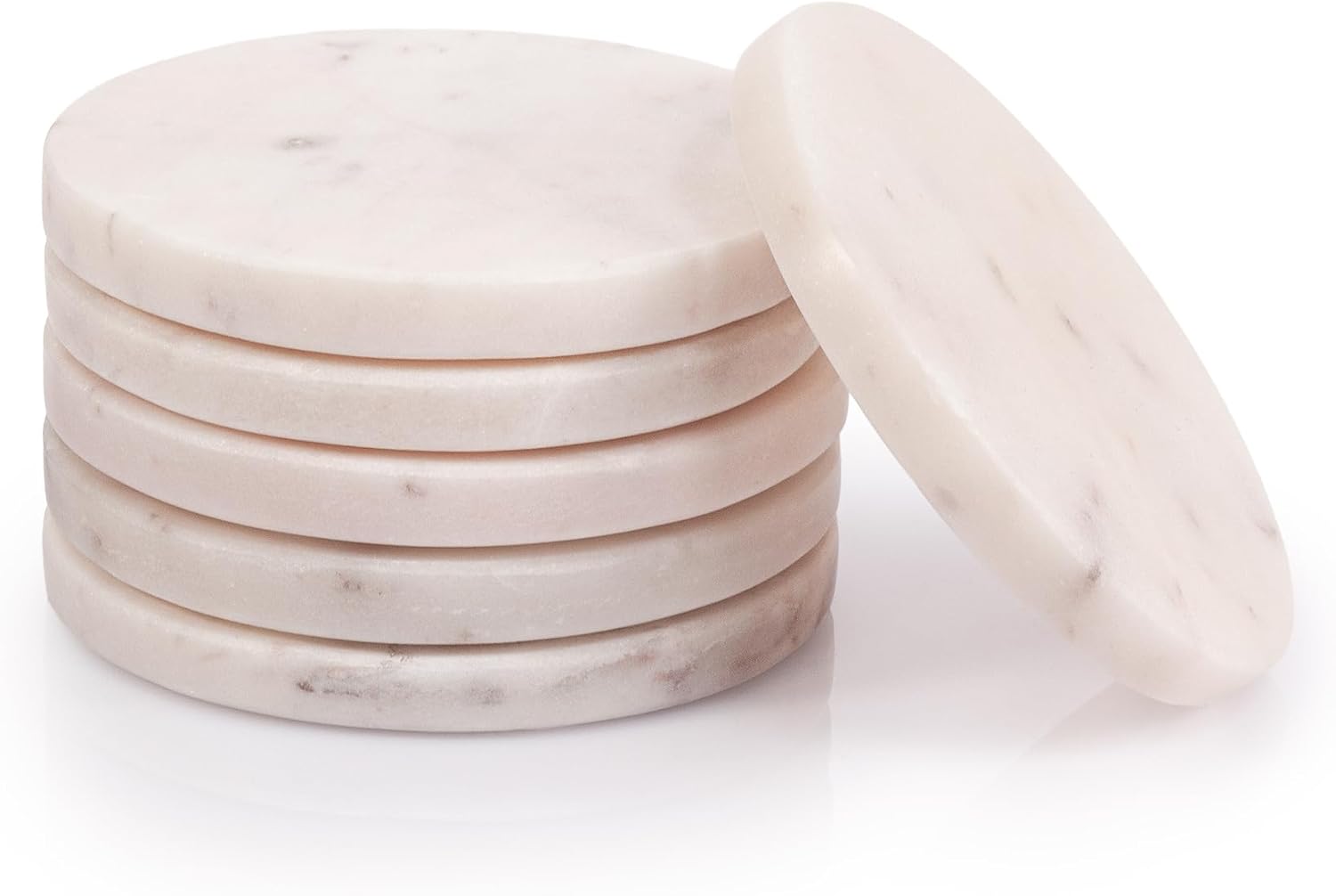 EHC Circular Marble Drink Coasters Mats, Set of 6 Premium Stone Protectors for Cups & Tumblers, Slip-Resistant Tabletop Shield, Elegant Rock Accents for Home or Work - White