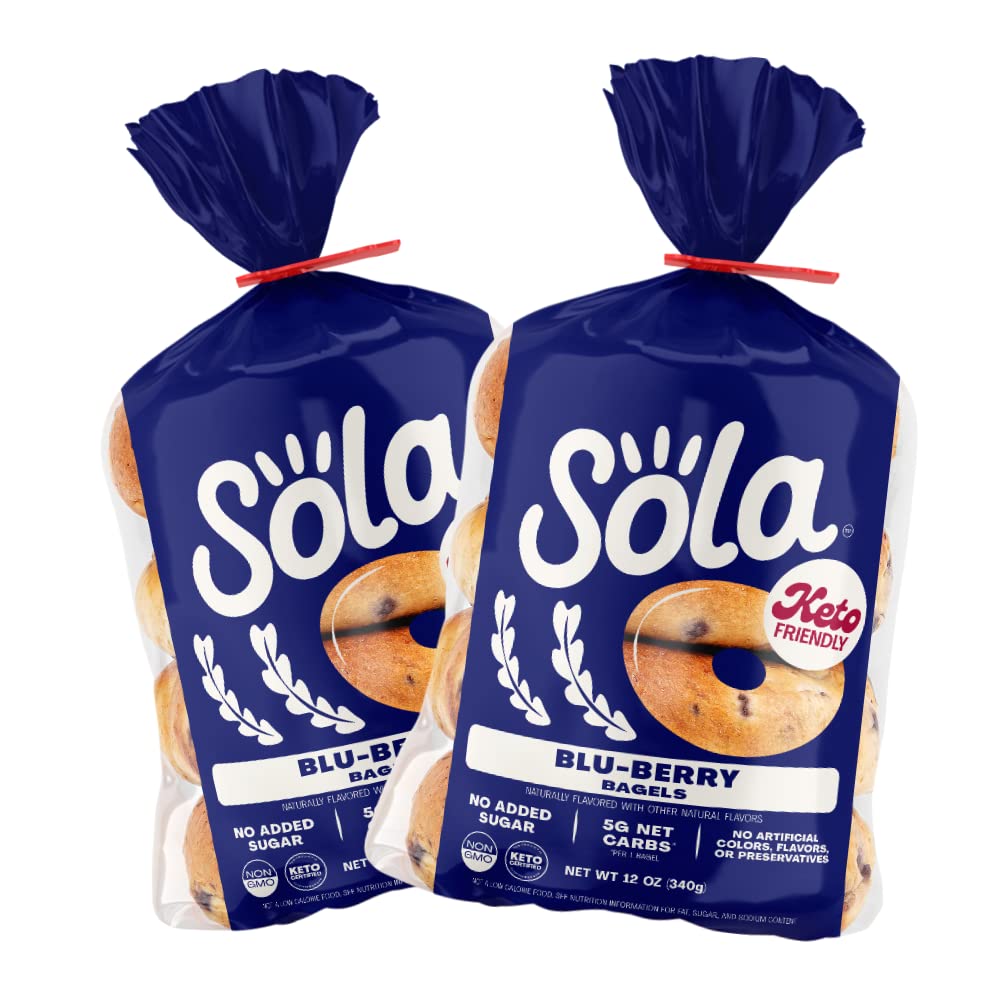 SOLA Low Carb & Keto Friendly Bagels, Blu-berry - 5g Net Carbs & 15g of Protein, No Added Sugar, Plant based, Low Calorie Bagels - 12 oz (4 Bagels/Pack) (Pack of 2)