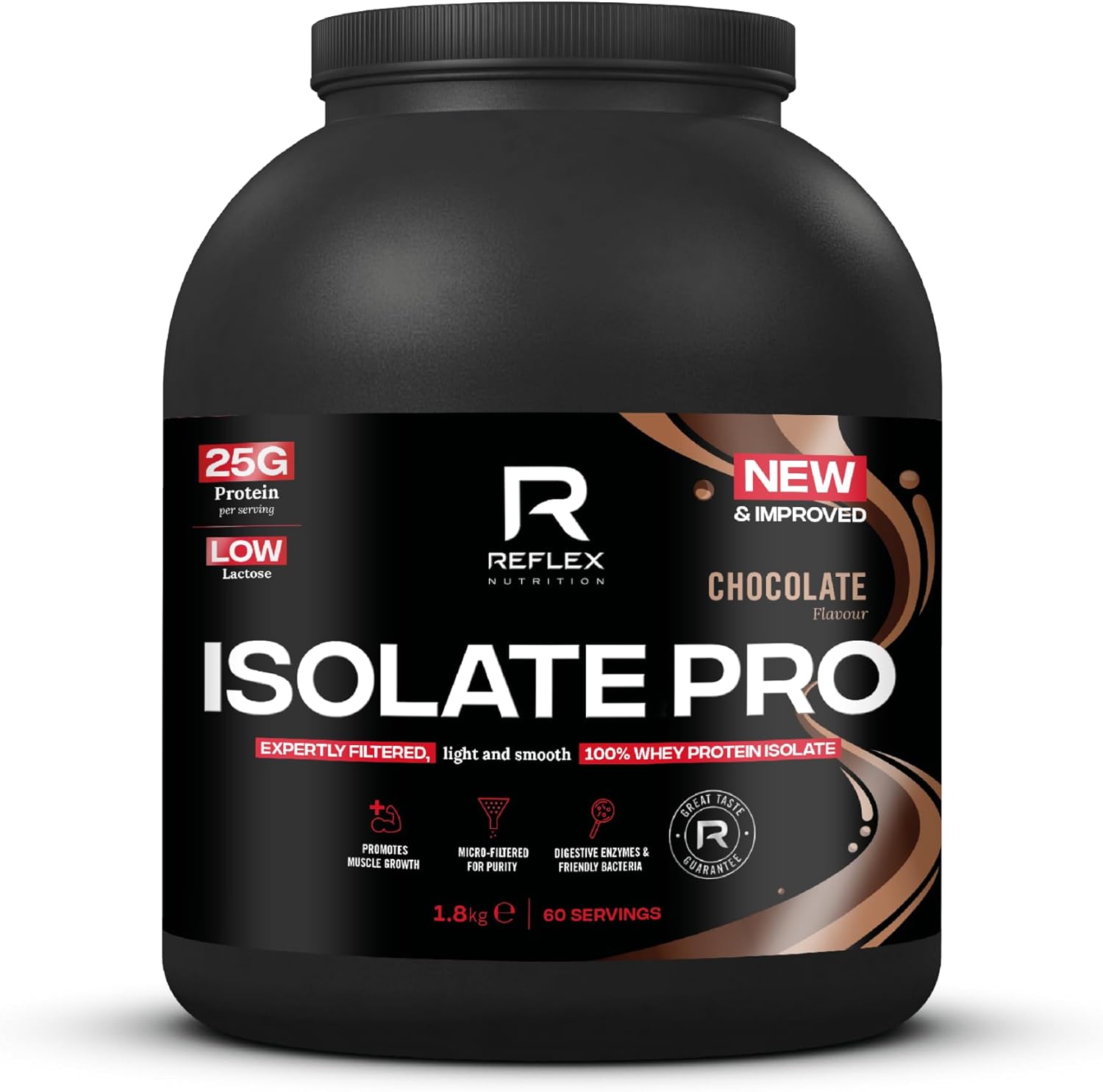 Reflex Nutrition Isolate Pro - 83% Premium Protein from Whey Isolate Protein Powder - Fast Absorption, Low Lactose, Low Fat, Low Sugar Protein Shake - Muscle Gain (Chocolate, 1.8kg, 60 Servings)