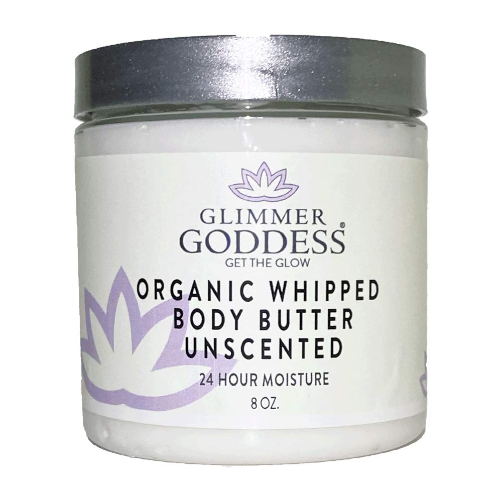 GLIMMER GODDESS Organic Whipped Body Butter - Unscented, Vegan, 24 hour Hydration, Reduces Stretch Marks, For Eczema and all Skin Types, Baby Friendly, Organic Ingredients 8 oz