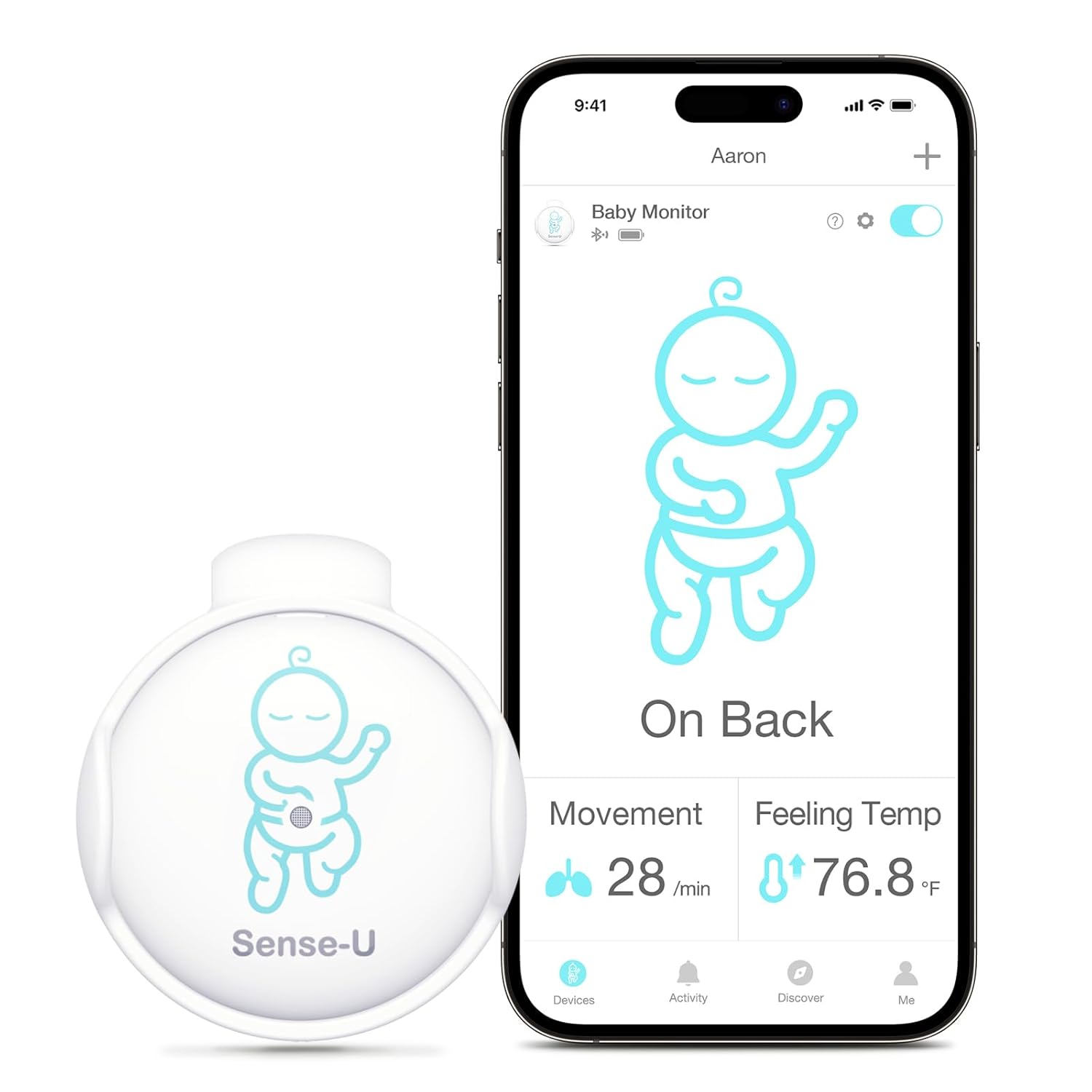 Sense-U Smart Baby Abdominal Movement Monitor - Tracks Baby's Abdominal Movement, Feeling Temperature, Rollover with Instant Audio Alerts on Smartphones
