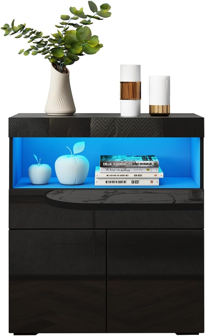 Sideboard Modern Cabinet Storage Unit with 2 Doors 1 Drawer and Shelf 16 Colors LED Lights TV Cabinet Cupboard Unit for Living Room Dining Room Home Furniture Black