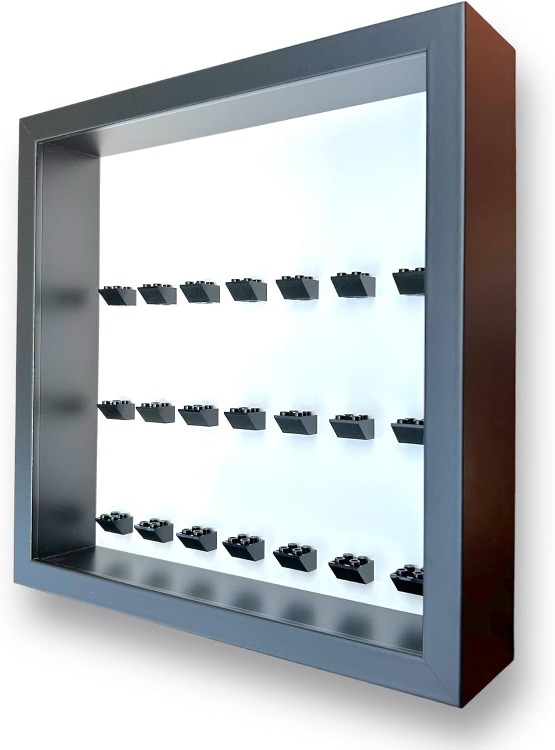 FRAMEPUNK Case - 21 LEGO Minifigure Display - Deep for accessories - Wall Mount or Free Stand - Removable Front - Black Frame, Black Mounts on White