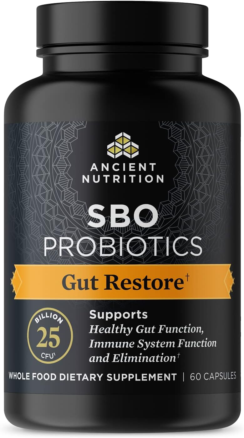Ancient Nutrition Probiotics, SBO Probiotics Gut Restore 60 Ct, Promotes Gut Health, Digestive and Immune Support, Gluten Free, Ancient Superfoods Blend, 25 Billion CFUs* Per Serving