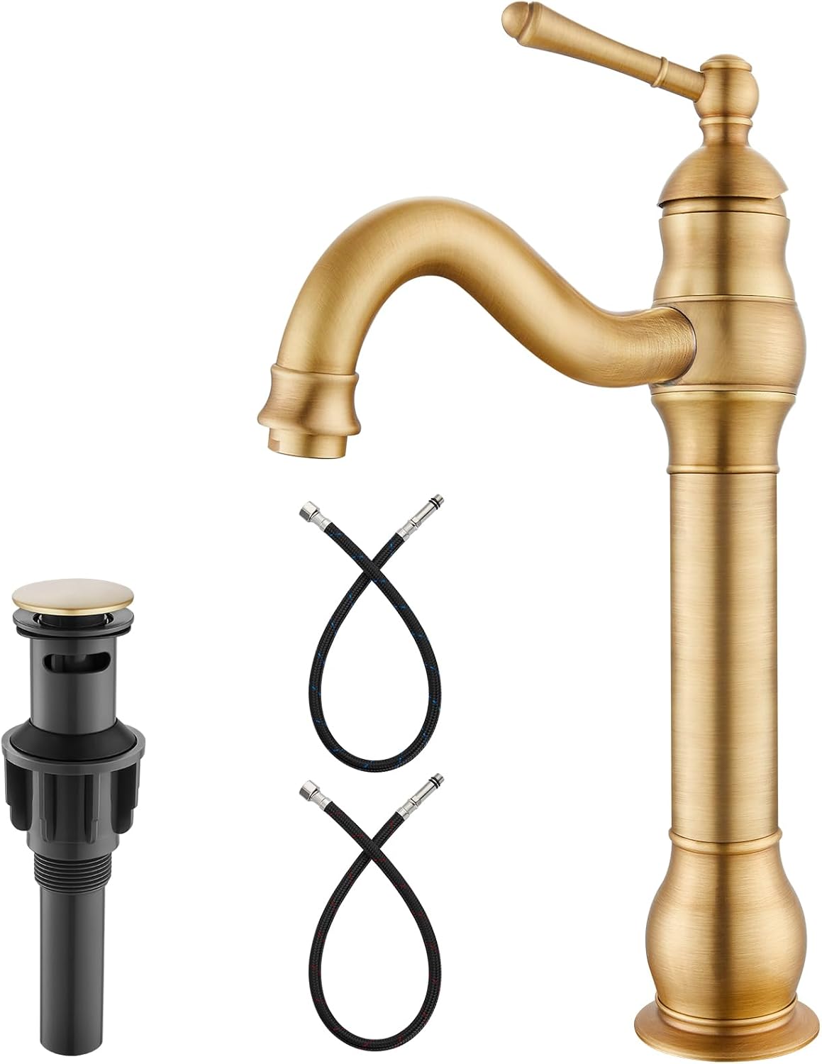 Heyalan Vessel Sink Faucet Tall Bathroom Faucet Single Handle 1 Hole High Spout with Drain Brass Material 360 Degree Adjustable Lavatory Vanity Mixer Tap,Straight Body,Antique Brass