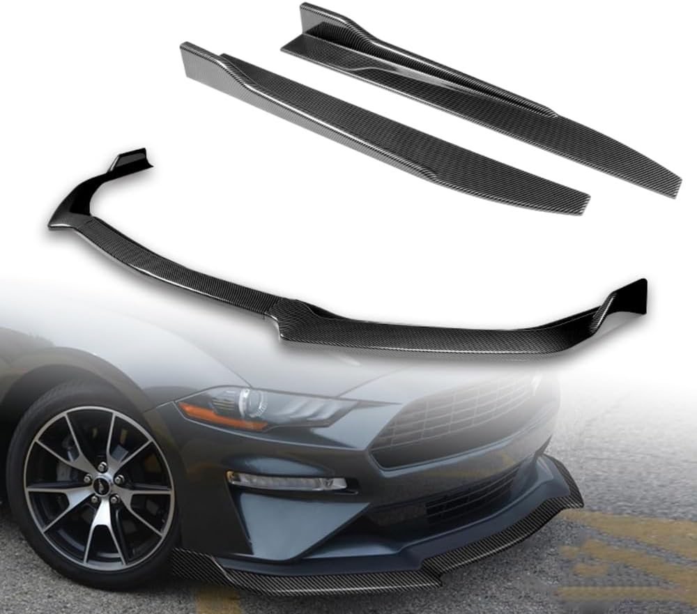 Q1-TECH, 5PCS Front Bumper Lip + Side Skirt Rocker Winglet Canard Diffuser Wing Compatible with Ford Mustang 2018 2019 2020 2021 2022 2023, Front Spoiler Body Splitter ABS (Painted Carbon)