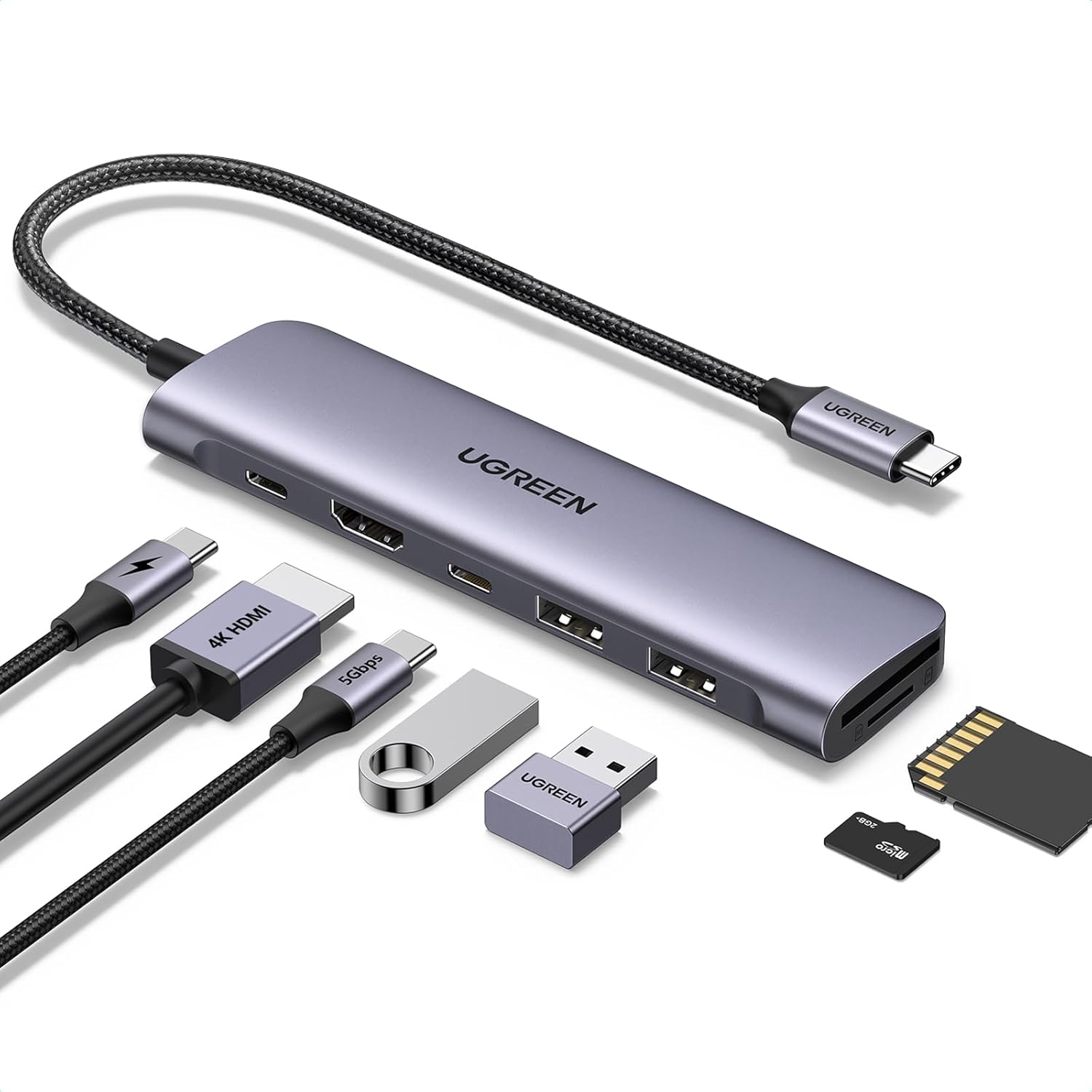 UGREEN Revodok USB C Hub, 7 in 1 Multiport Adapter with 4K HDMI, 100W PD, USB-C and 2 USB-A Data Ports 5Gbps, SD/microSD Card Slot for MacBook M1/M2, iPhone 15 Pro Series, iPad, Surface