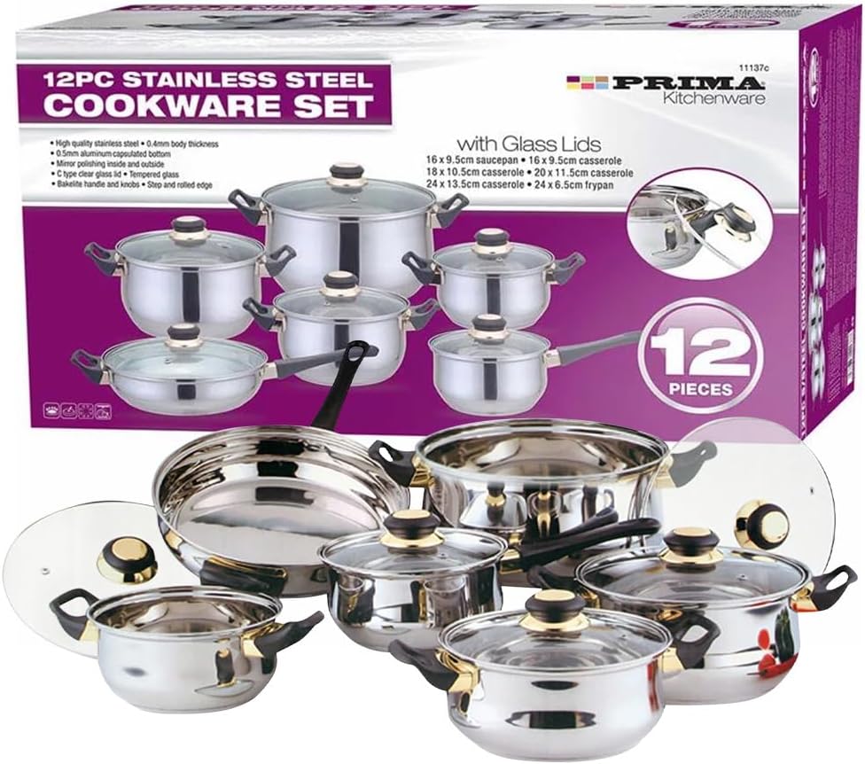 12PC Cookware Set - Saucepan, Frying Pan Pot & Casserole Stainless Steel Cookware | Non Stick, Kitchenware, Glass Lids, | Strong Quality, Long Lasting & Durable (12 Piece Cookware Set)