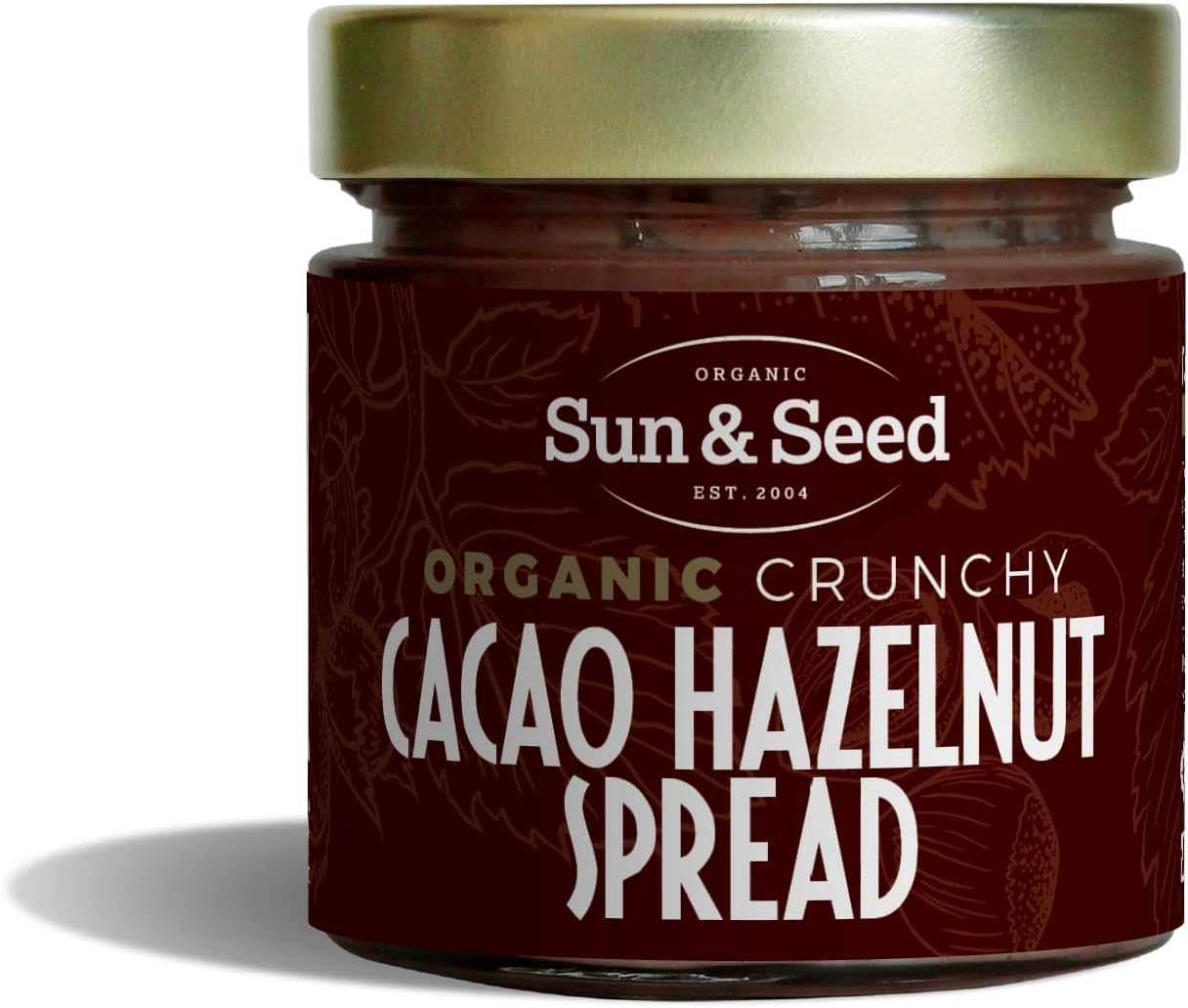 Organic Crunchy Cacao Hazelnut Spread by Sun & Seed - 200g - No refined Sugar - Plant Based - No palm Oil - 100% Organic Hazelnuts - Vegan Spread