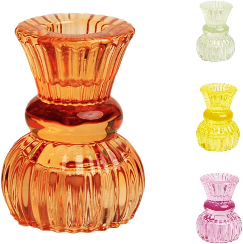 Talking Tables 1x Small Orange Ribbed Glass Candle Holder | 3 Tier Taper Candlestick Stand for Halloween, Home Décor, Parties, Events | Candlestick Holder 7.5cm Diameter