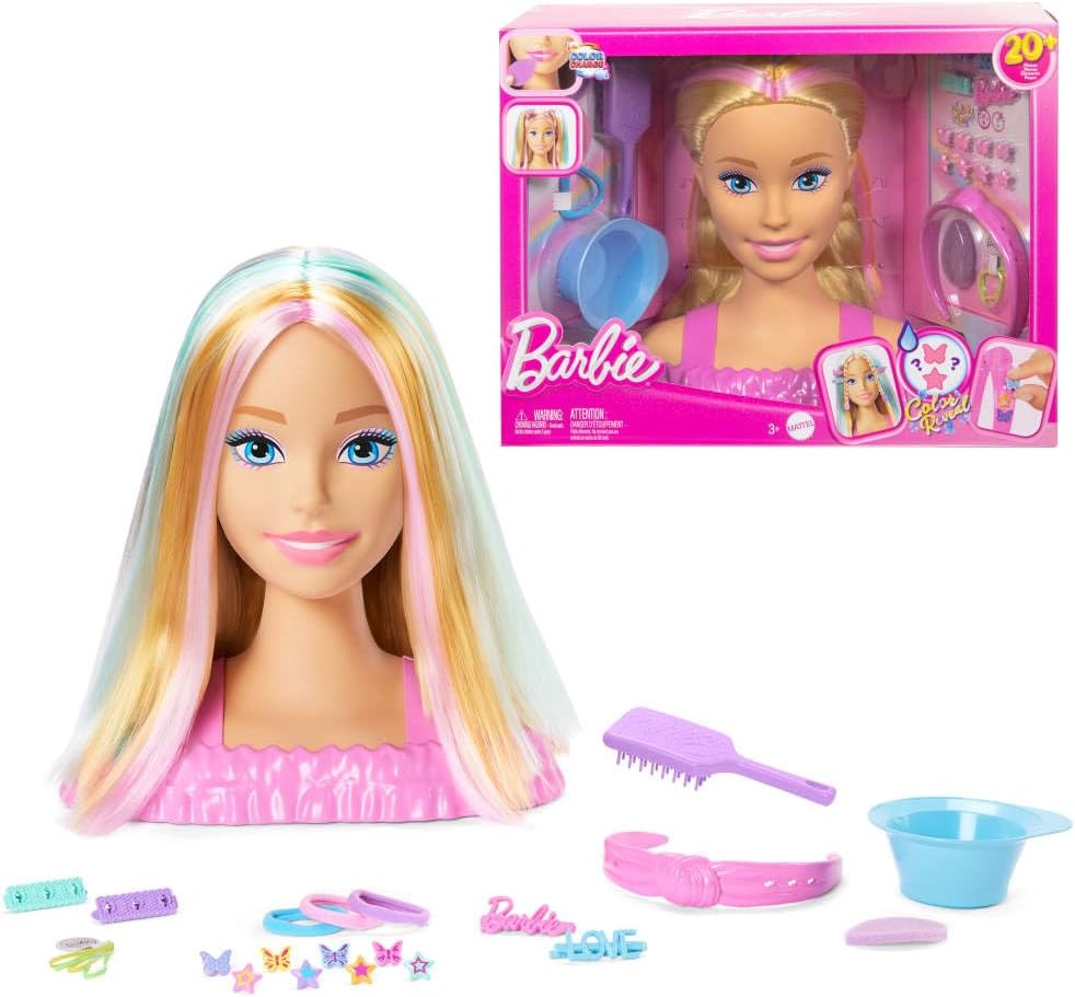 Barbie Doll Styling Head with 20+ Hair Styling Accessories Including Star & Butterfly Color Change Hair Clips, JFG81, Blonde