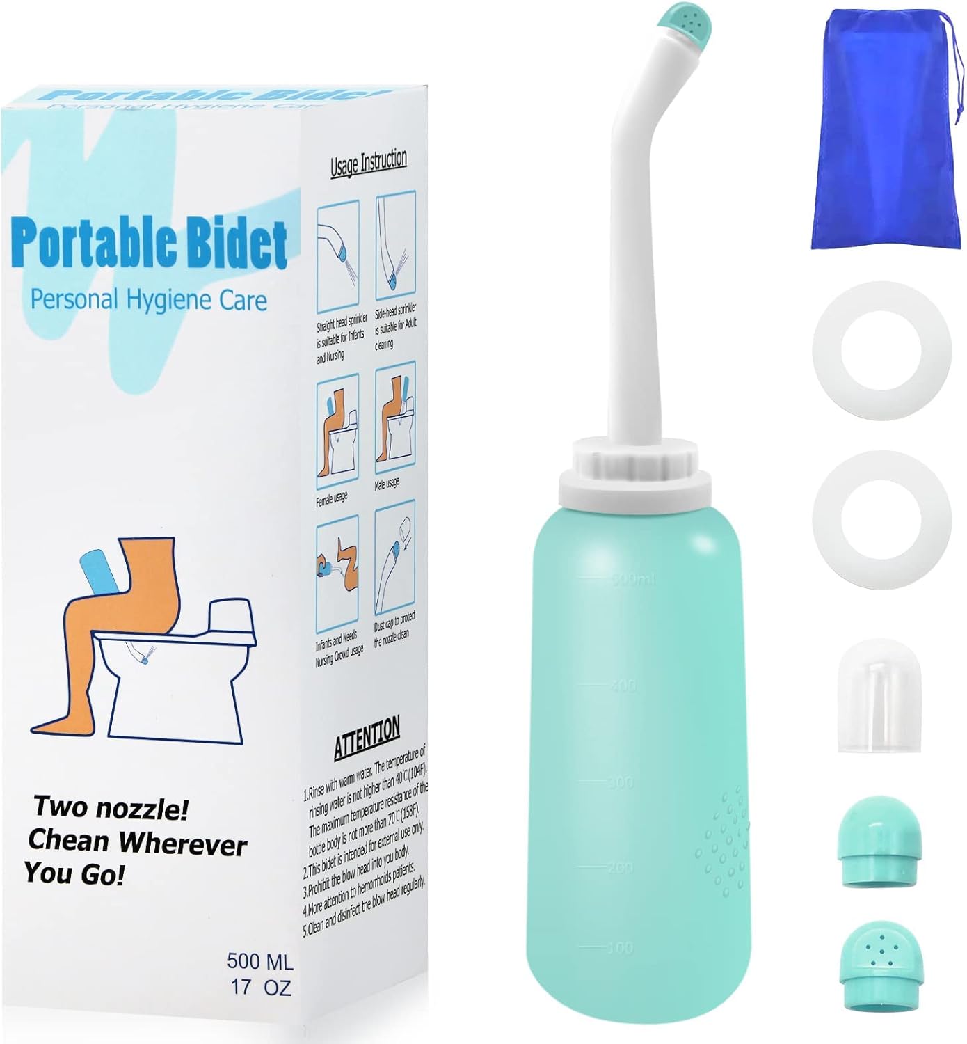 RUFCRIL Portable Travel Bidet with Carry Bag, TPE Material for High Temperature Resistance, 500ml Capacity with 2 Sealing Rings, Essentials for Postpartum Perineal Care,Hemorrhoid Treatment(Green)