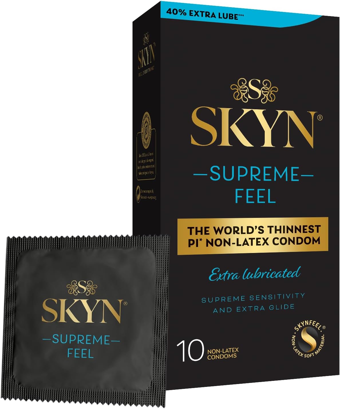SKYN Supreme Feel Extra Lubricated Condoms, Pack of 10, SKYNFEEL Latex Free Condoms for Men, Regular Size, Strong & Thin, Smooth Straight Shape, Lubricated, 53mm Wide