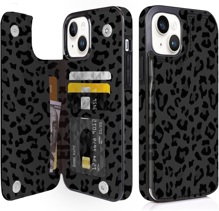 for iPhone 14 Plus Wallet Flip Case with Card Holder, Black Leopard Pattern Back Flip Case PU Leather Kickstand Card Slots Case for Women Girls, Double Magnetic Clasp Shockproof Cover 6.7"