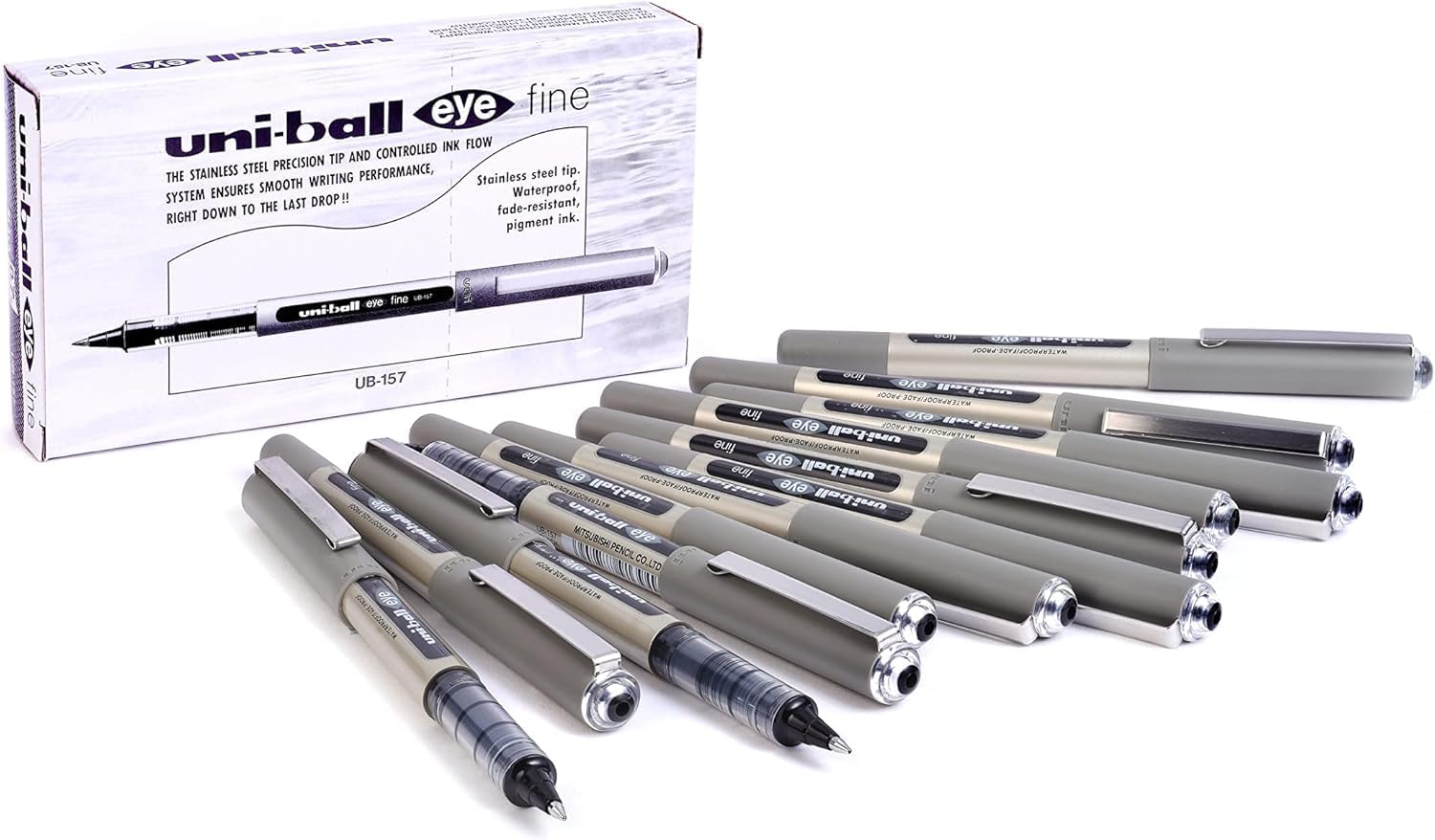 uni-ball UB-157 Eye Rollerball Pens. Premium Fine 0.7mm Ballpoint Tip for Super Smooth Handwriting, Drawing, Art, Crafts and Colouring. Fade and Water Resistant Liquid Uni Super Ink. Box of 12 Black