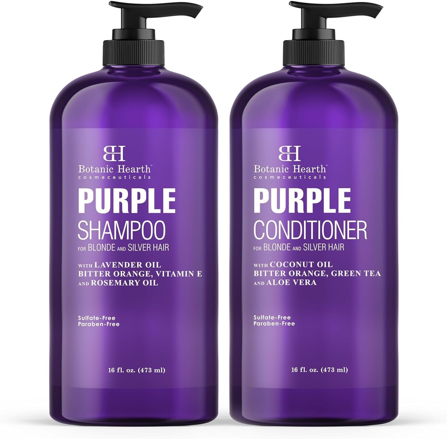 BOTANIC HEARTH Purple Shampoo and Conditioner Set - for All Shades of Blonde, Silver and Gray Hair - Enhances Highlights - Sulfate Free, Paraben Free, 16 fl oz each