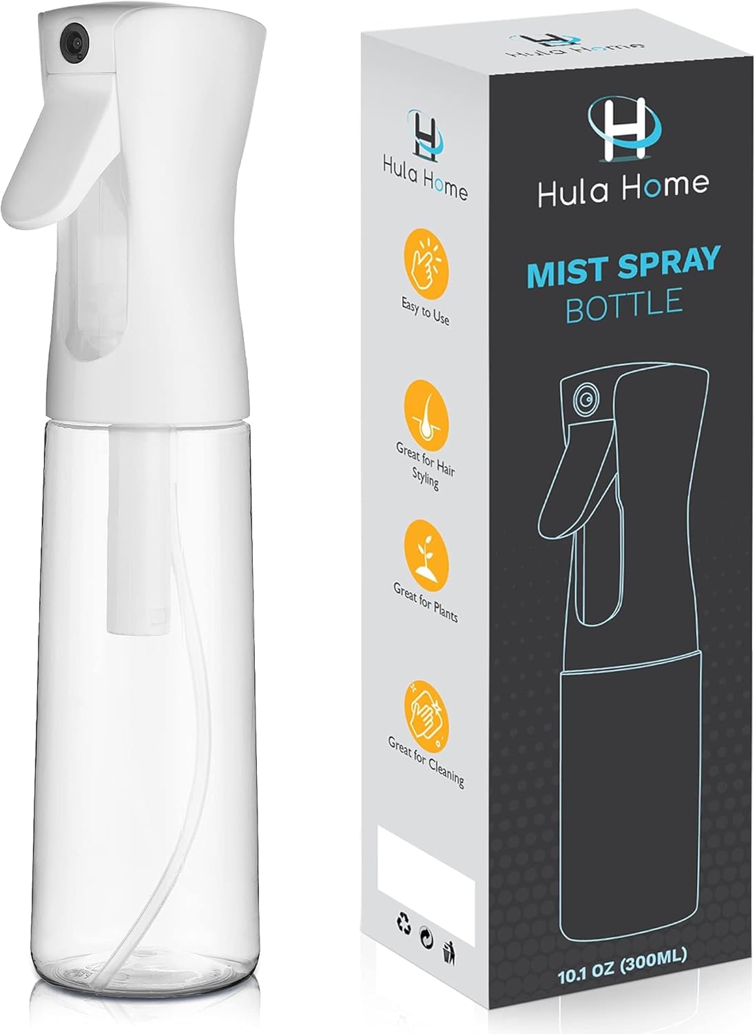 Hula Home Spray Bottle for Hair (10.1oz/300ml) - Powered by Flairosol® Spray Technology - Continuous Ultra Fine Mist Sprayer – For Hairstyling, Cleaning, Salons, Plants, Essential Oil & More - White