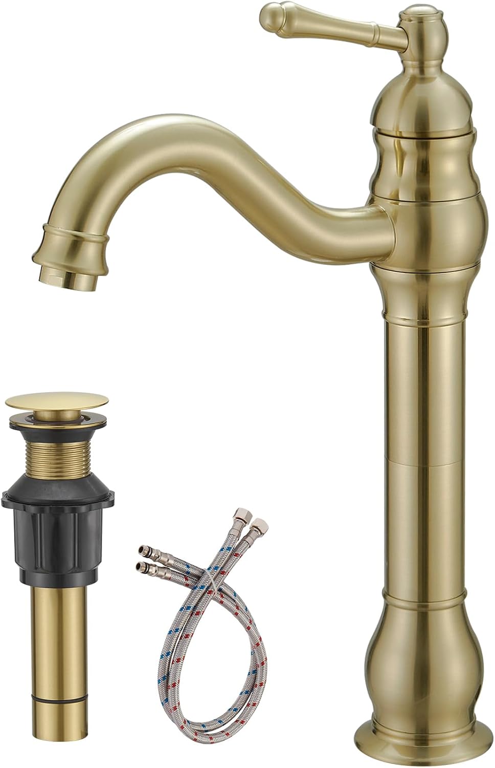 Brushed Gold Vessel Sink Faucet 360° Swivel for Bathroom Single Hole Farmhouse Tall Commercial Vanity Matching Pop Up Drain Without Overflow Mixer Tap Single Handle