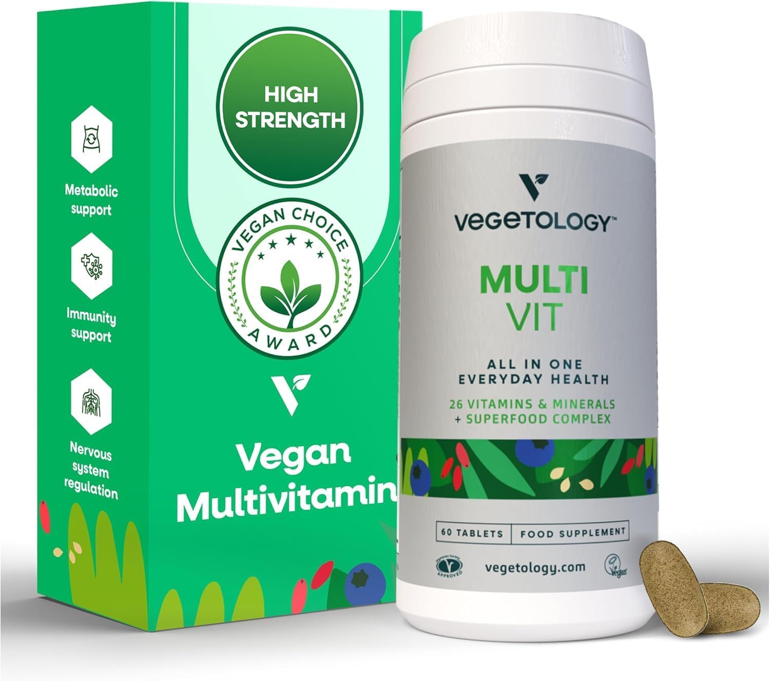 Vegetology Vegan Multivitamin Tablets for Women and Men, 26 Chelated Vitamins and Minerals with Iron, Vitamin B12, D3 and K2, Metabolic, Brain, Immune Support, 60 Tablets, 2 Months Supply, Ages 11+