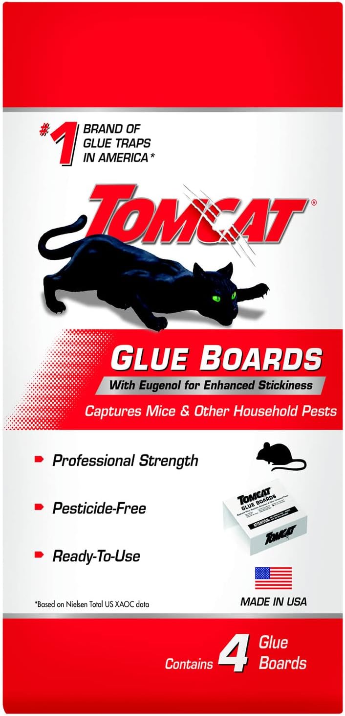 Tomcat Glue Boards with Immediate Grip Glue for Mice, Cockroaches, and Insects, Use Flat or Covered, Ready-To-Use, 4 Traps