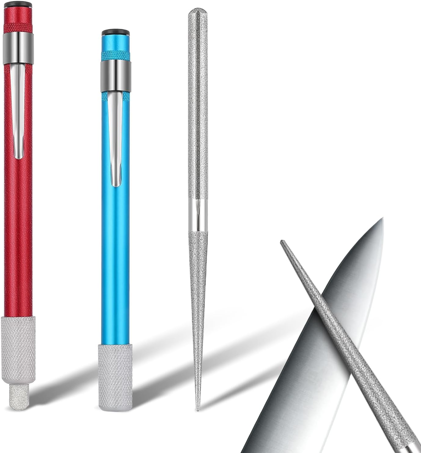 2 Pieces Diamond Retractable Sharpener, Serrated Knife Sharpener Multifunctional Knife Sharpening Steel Rod Tool Mini Steel Knives Sharpeners for Kitchen Outdoor Repairs Polishes Restores(Blue, Red)