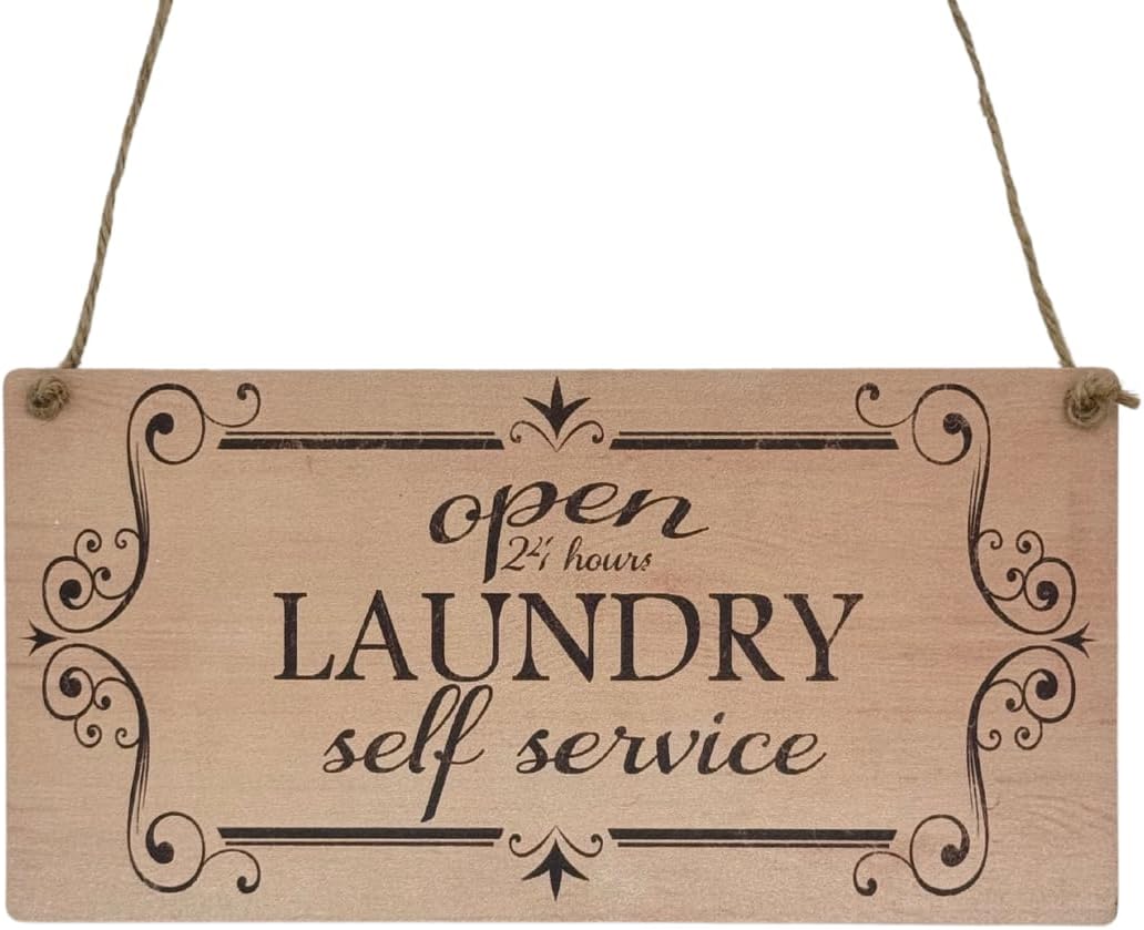 Second Ave Funny Open 24 Hours Laundry Service Wooden Hanging Rectangle Home Utility Washing Sign Plaque