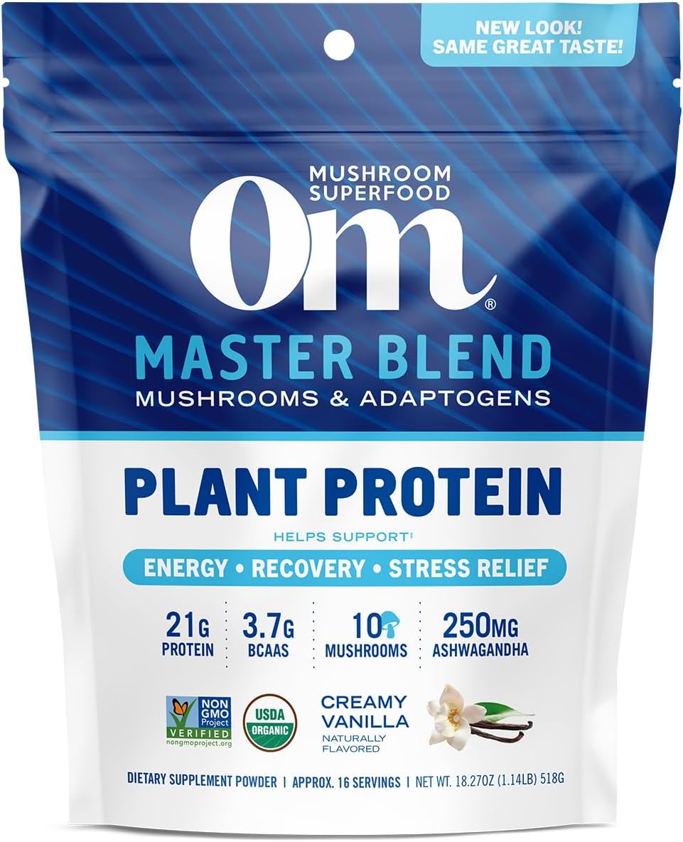 OM MUSHROOM SUPERFOOD Master Blend Plant-Based Protein Powder, 16 Servings, Creamy Vanilla with 10 Mushroom Blend & Adaptogens for Recovery, GLP-1 Support