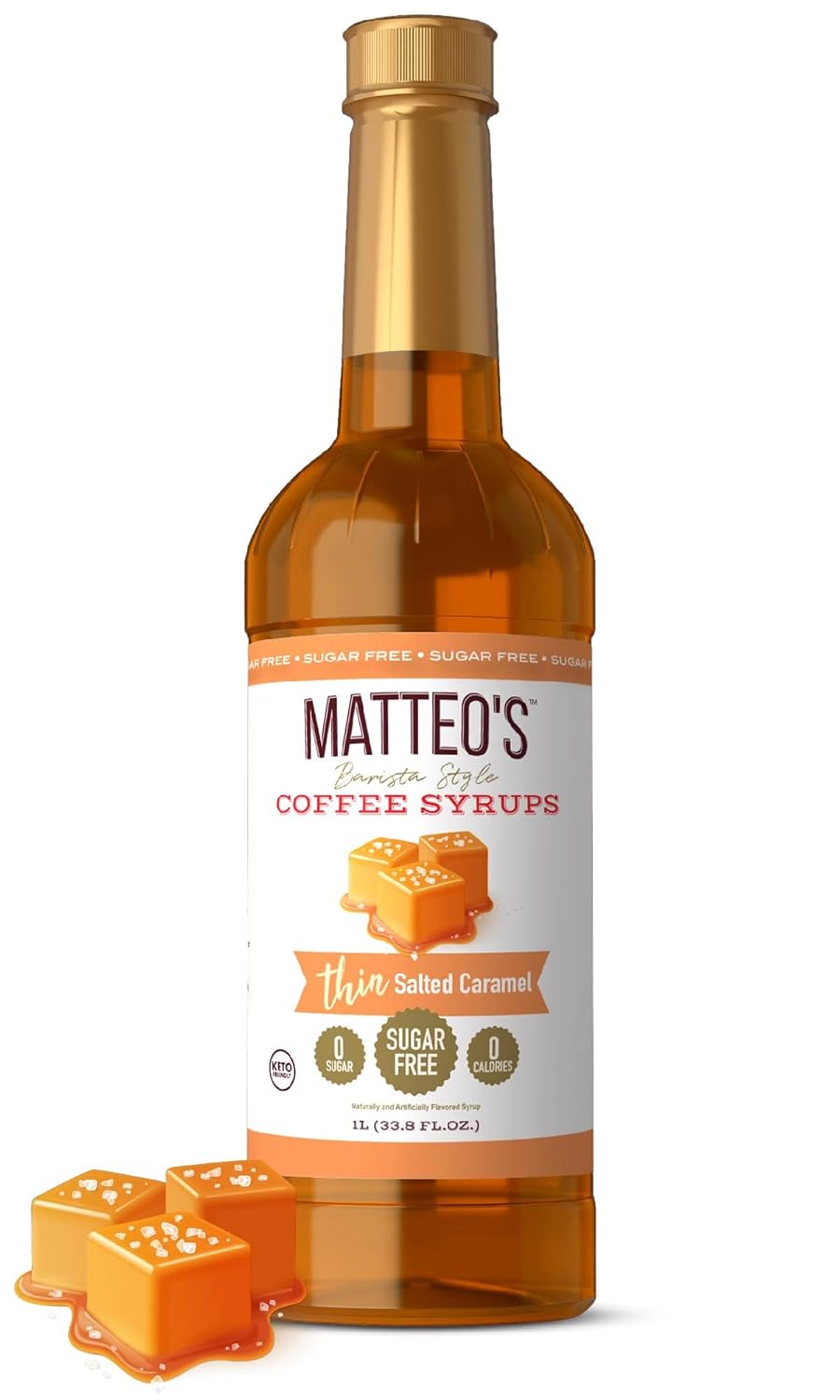 Matteo's Barista Style Sugar-Free Coffee Syrup, Salted Caramel Flavor, Zero Calories and Sugar, Keto Friendly, Ideal for Lattes, Cappuccinos, Espresso, Americano, Indulgent Taste 33.8 Oz, 1-Pack