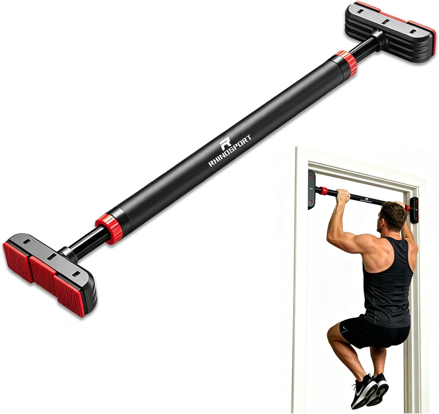 RHINOSPORT Pull Up & Chin Up Bar for Narrow Doorways, 70-92cm, No-screw
