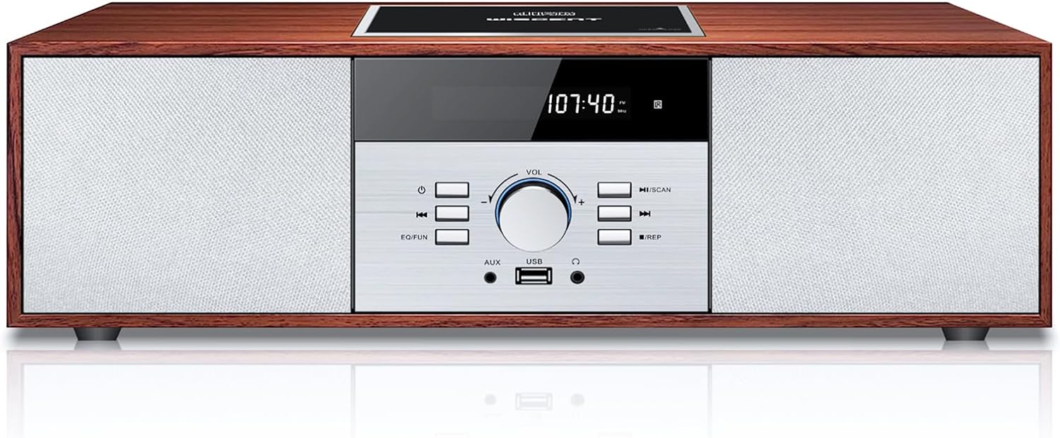 Vintage Style Home CD Player with Bluetooth, FM Radio, USB Port for MP3 Playback, Aux-in, Earphone Port, 30W Nostalgic Wood Home HiFi Stereo System