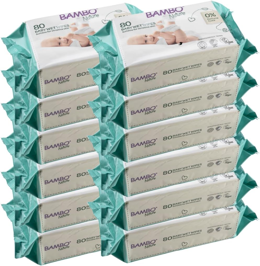 Bambo Nature Wet Wipes, Newborn Essentials, Eco-Friendly Baby Wipes, Gentle & Soft Wipes, Moisturising & Skin-Friendly Wet Wipes For On The Go, Sustainable Baby Essentials For Newborn - 12x 80 Wipes