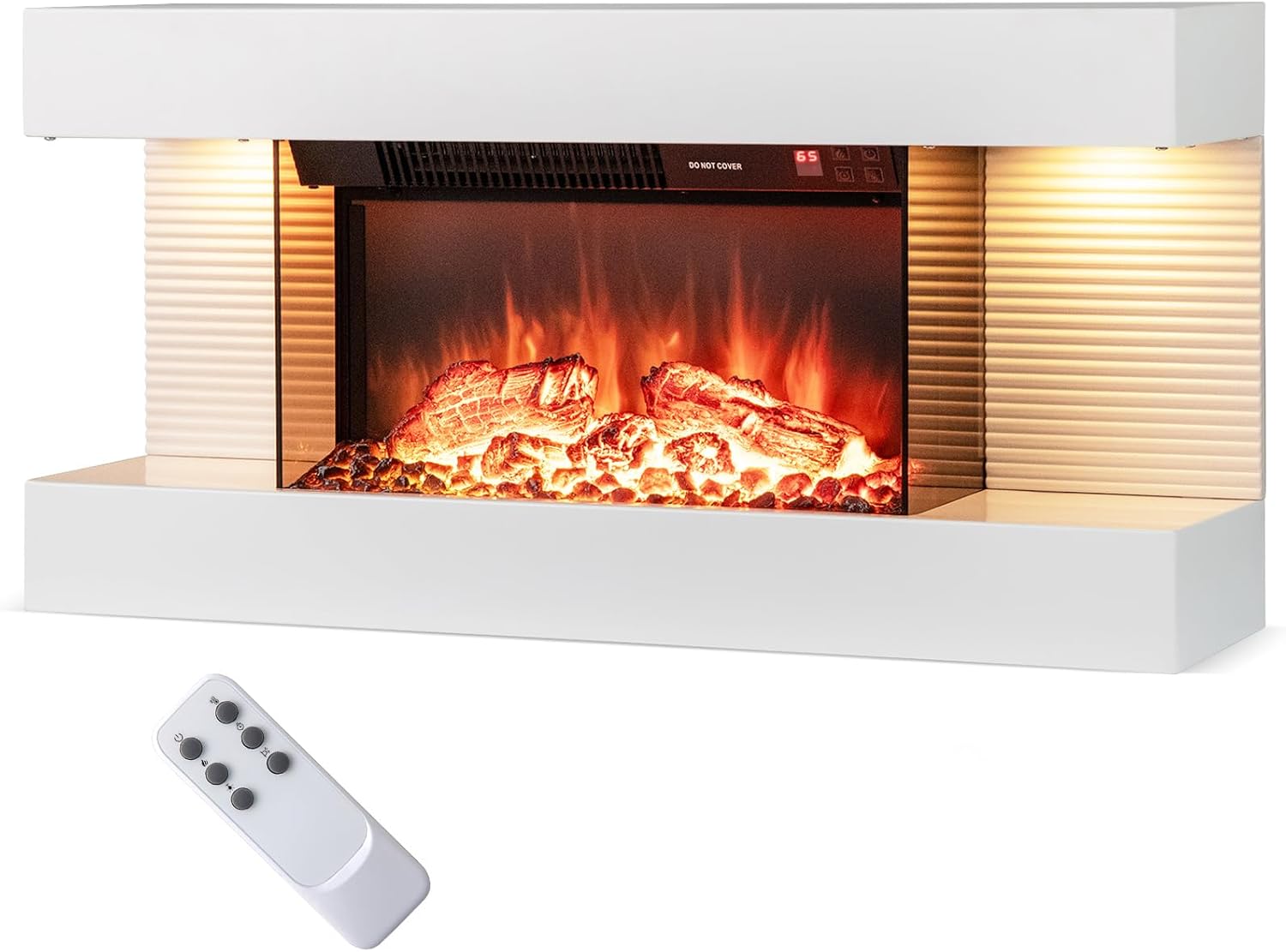 RELAX4LIFE Floating TV Stand with Fireplace - 18’’ Wall Mounted 3-Sided Electric Fireplace Insert Heater with Mantel w/Adjustable Flame, Ambient LED Light, Remote Control, 8H Timer, 750W/1500W (32'')