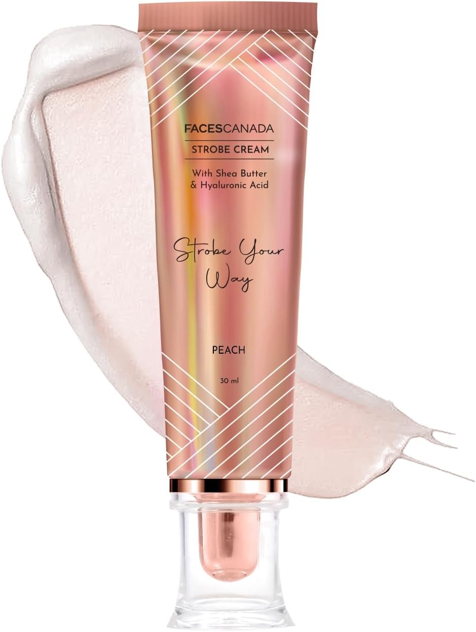 FACES CANADA Strobe Cream - Peach, 30g Primer + Highlighter + Moisturizer Shea Butter & Hyaluronic Acid Intense Hydration Flawless Radiant Dewy Skin Illuminating & Glowing Makeup Base