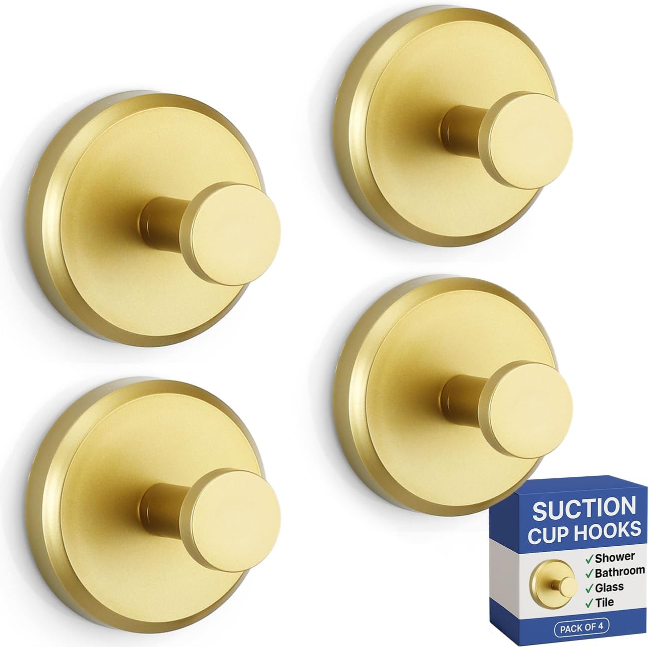 HOME SO Suction Cup Hooks for Shower, Bathroom, Kitchen, Glass Door, Mirror, Tile – Loofah, Towel, Coat, Bath Robe Hook Holder for Hanging up to 15 lbs – Waterproof, Matte Brushed Satin Gold (4-Pack)