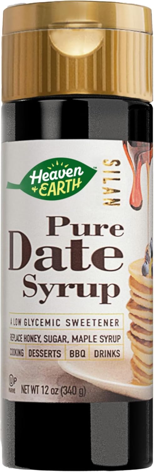 Heaven & Earth 100% Pure Organic Silan Date Syrup 12oz | Date Honey | Squeeze Bottle | Natural Honey or Maple Syrup Alternative | Low Glycemic Index, Great Sugar Replacement | Kosher