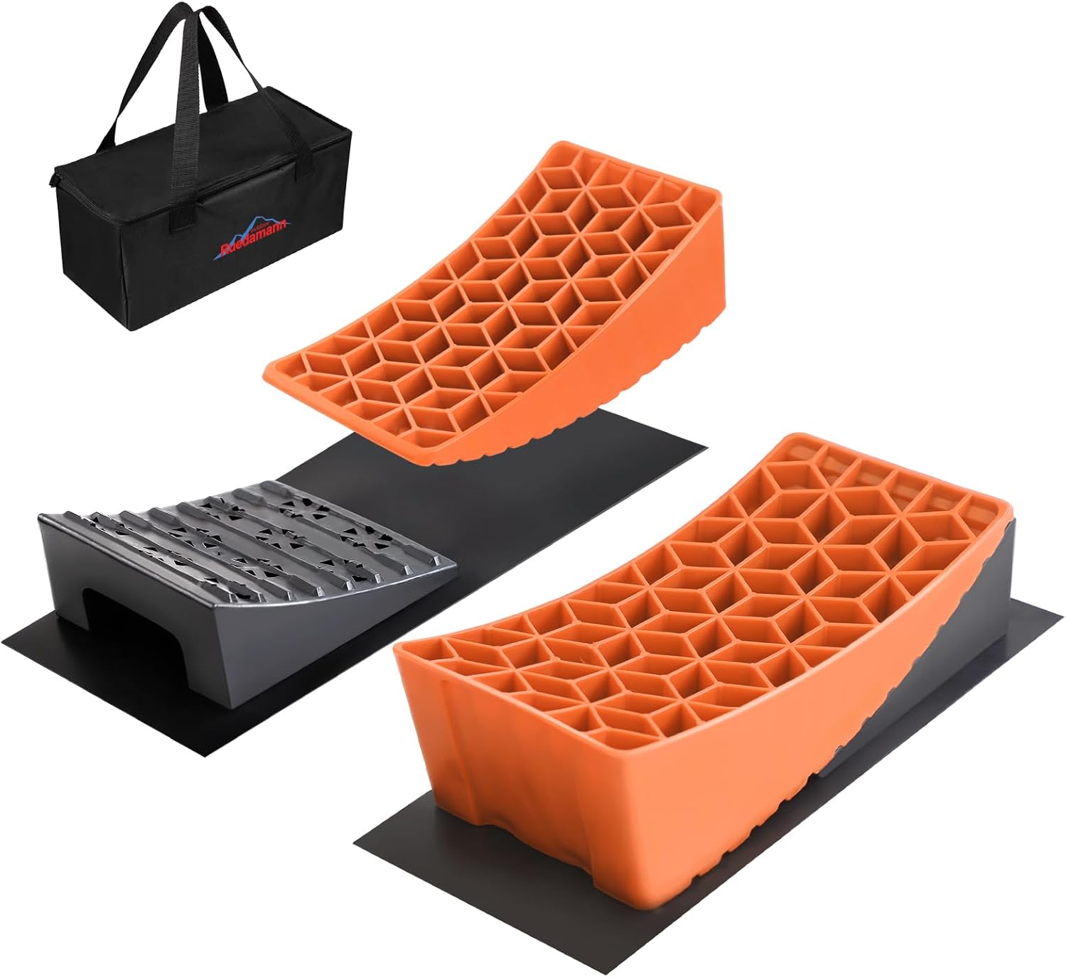 Ruedamann RV Leveling Blocks, Up to 35,000 lbs，Camper Leveler System for Travel Trailers 2 Packs RV Curved Levelers with 2 Wheel Chocks, 2 Non-Slip Mats with Carry Bag, Orange