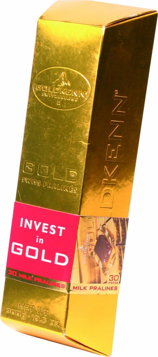 Goldkenn Swiss Luxury Chocolate Goldbar - 300g Milk Chocolate with Hazelnuts & Almonds, 30 Pralines | Luxury Gifting for Anniversaries, Birthdays & Dinner Parties