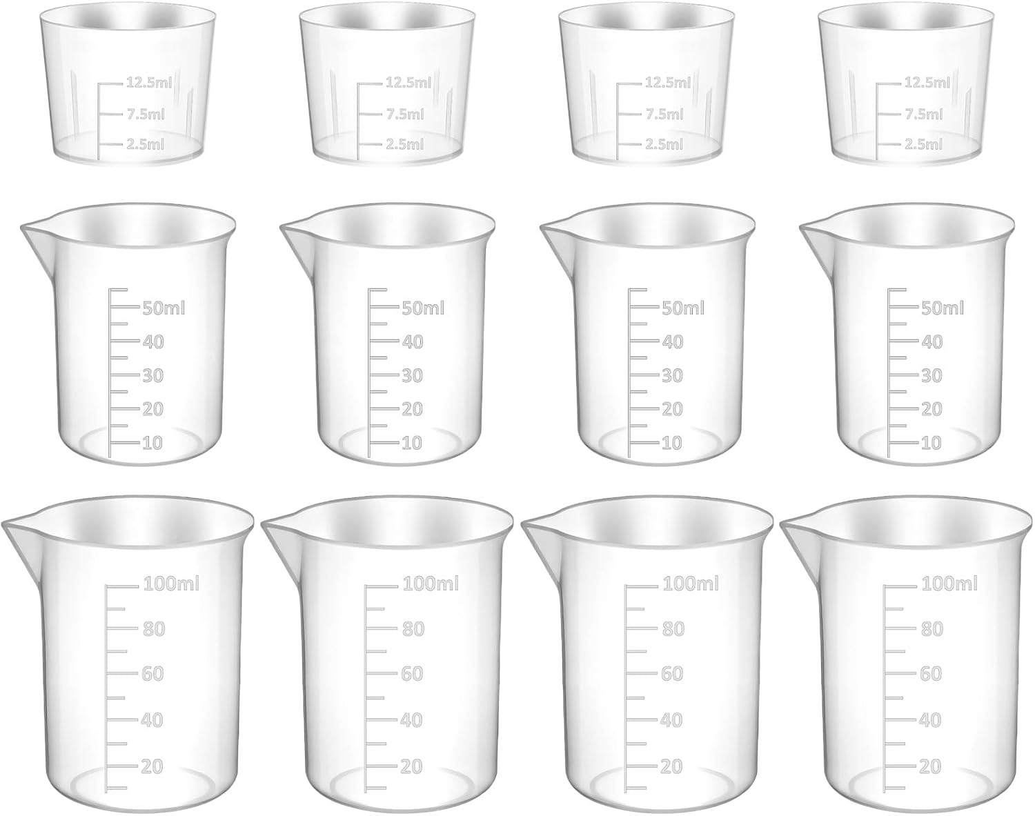 Ptwola 12 Pcs Transparent Plastic Graduated Cup Clear Lab Measuring Beaker Cup Multipurpose Mixing Container for Kitchen Cooking Science Experiment Liquid Measure Tool 15ml / 50ml / 100ml Capacity