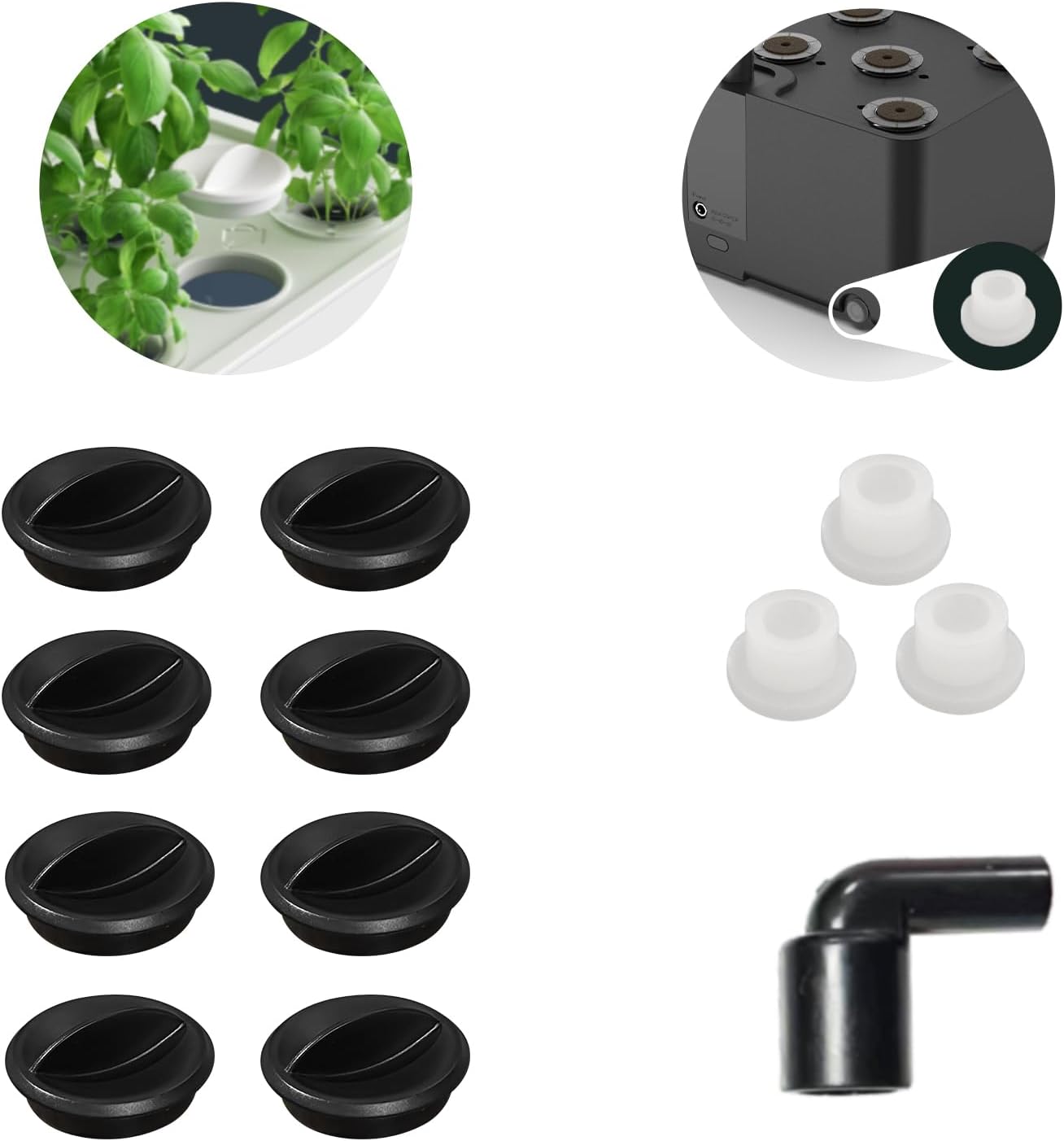 Hydroponics Supplies Replacement Accessories: 8 Black Covers, 3 Water Plugs, 1 Water Pump Elbow for 12 Pods Indoor Herb Garden(HP-GC201/GC202)