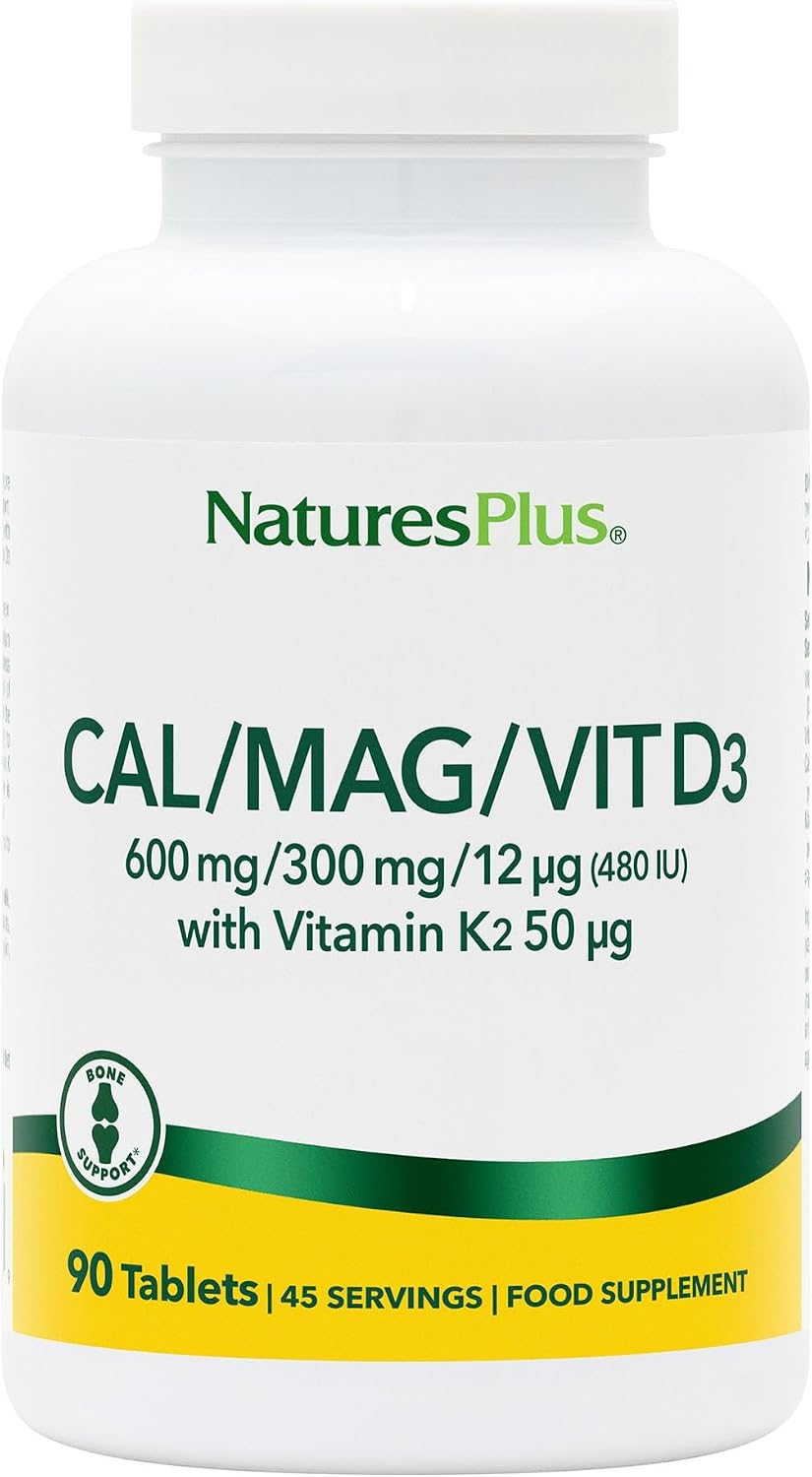 NaturesPlus Calcium Magnesium Vitamin D3 K2 Supplement - Bone, Teeth & Muscle Function Support - High Absorption, Vegan, Gluten Free - 90 Tablets