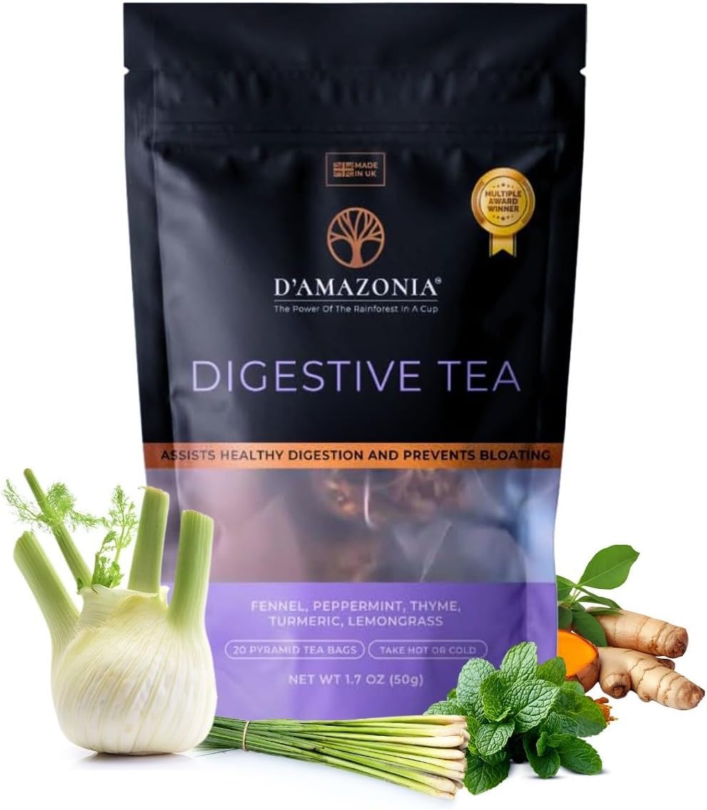 D’Amazonia Digestive Tea | Award Winner | 100% Natural Herbal | 10 Ingredients, Turmeric, Fennel and Peppermint – Pack of 20 Pyramid Tea Bags | Digest Tea