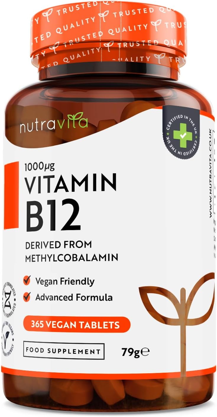 Vitamin B12 1000mcg - 365 High Strength Vegan Tablets (1 Year Supply) - Max Strength B12 Supplement - Contributes to The Reduction of Tiredness and Fatigue - Made in The UK by Nutravita